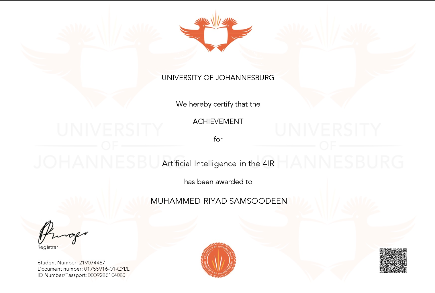 University of Johannesburg Fourth Industrial Revolution Certificate